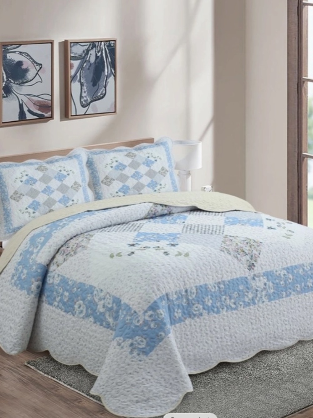 Farmhouse Cottage Blue Floral Patchwork King Quilt Set